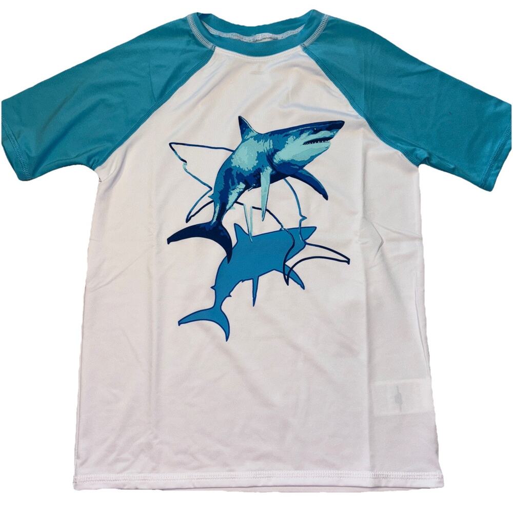 Lands’ End Size Medium (8) Short Sleeve‎ Tee Rash Guard Swim White/Blue Sharks